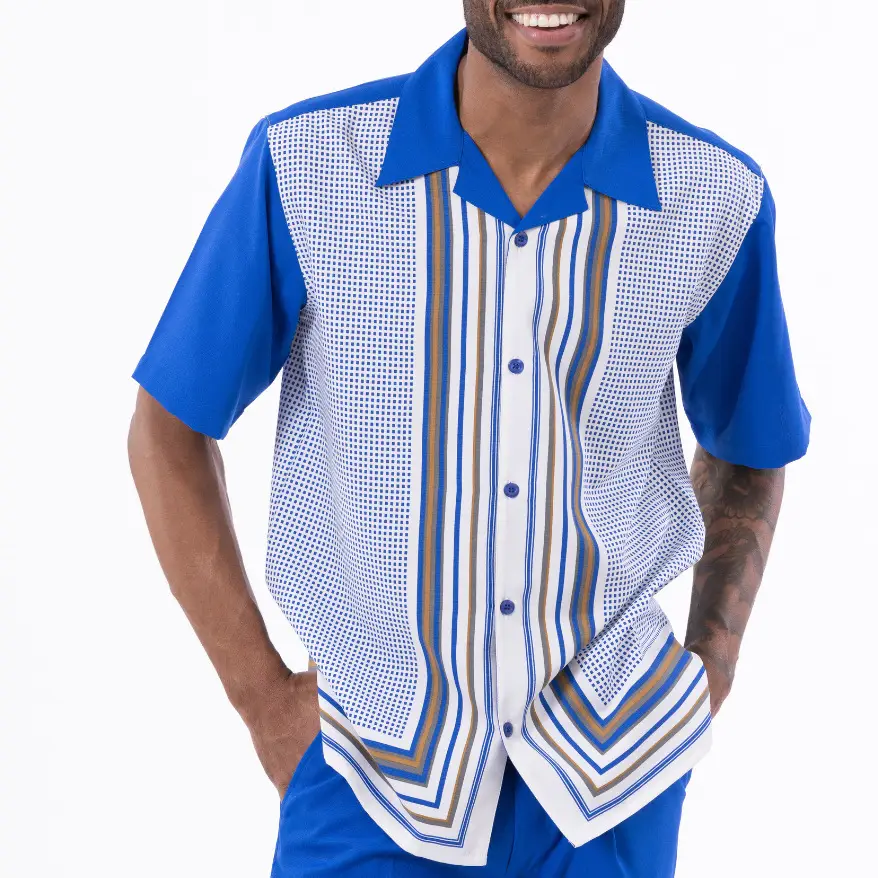 2023 Men Printed Short Sleeve Shirt Tan White Striped