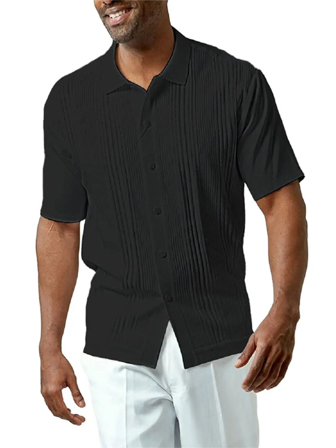2023 Men Printed Short Sleeve Shirt Tan White Striped