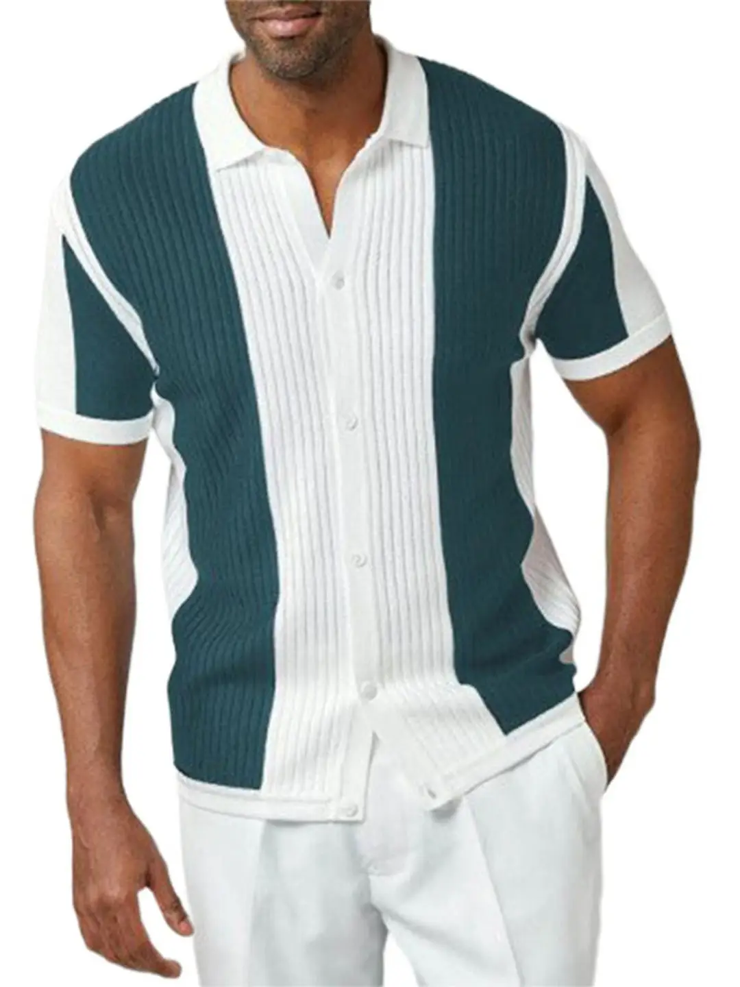 2023 Men Printed Short Sleeve Shirt Tan White Striped