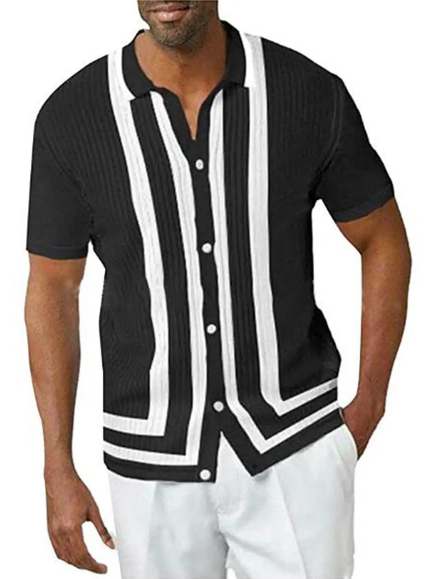 2023 Men Printed Short Sleeve Shirt Tan White Striped