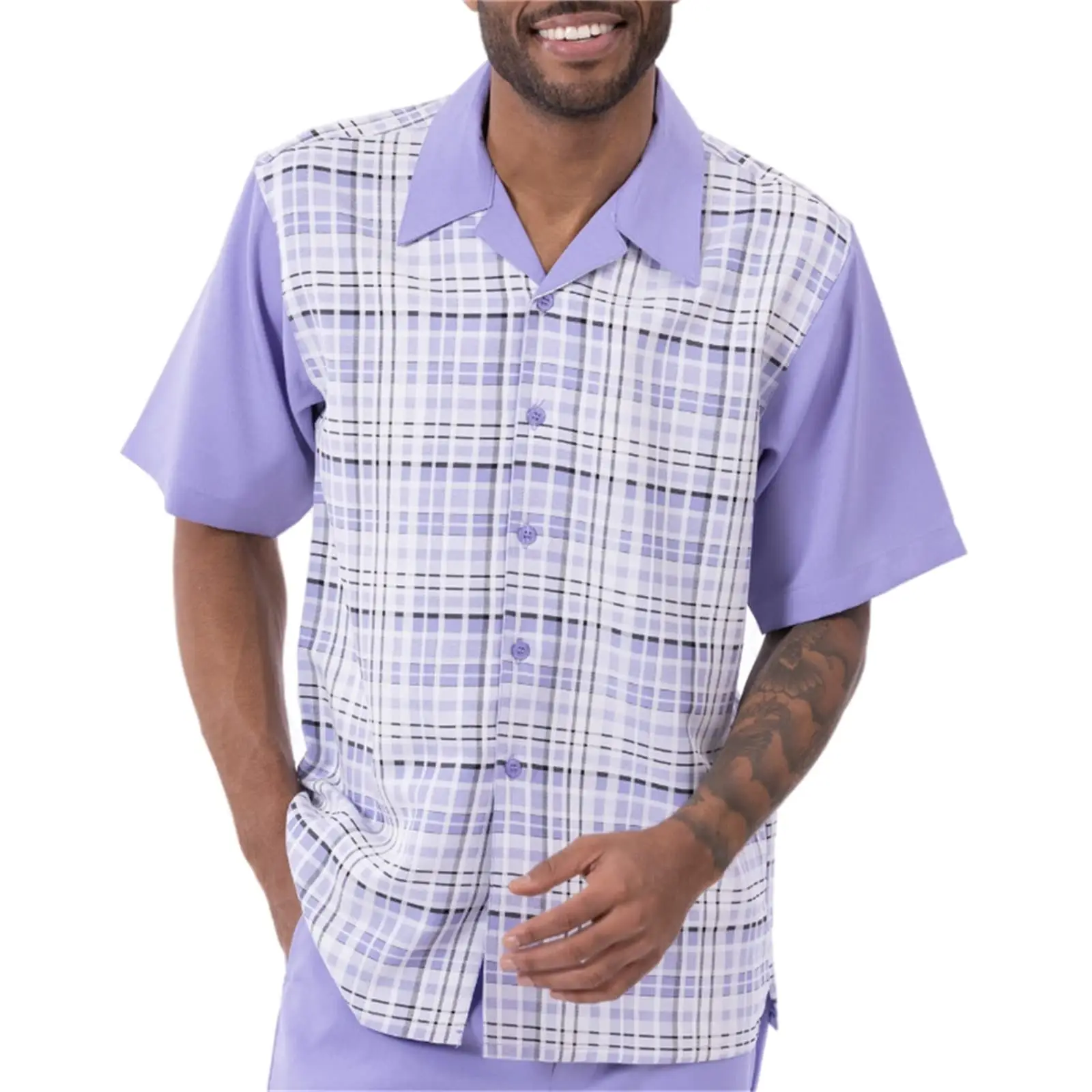 2023 Men Printed Short Sleeve Shirt Tan White Striped