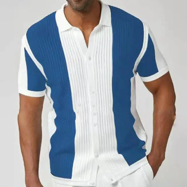 2023 Men Printed Short Sleeve Shirt Tan White Striped