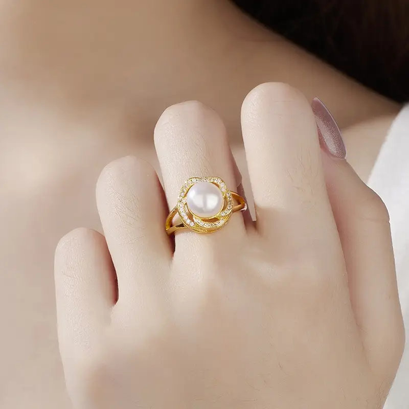 Korean Fresh Water Pearl Ring Full Diamond Zircon Gold - Image 2