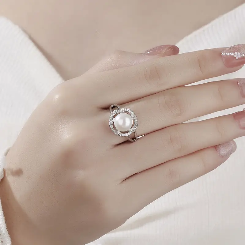 Korean Fresh Water Pearl Ring Full Diamond Zircon Gold - Image 3