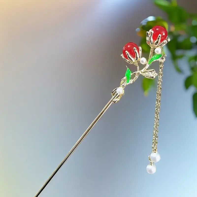 Blue Lotus Flower Hairpin with Dangle Earrings - Image 20