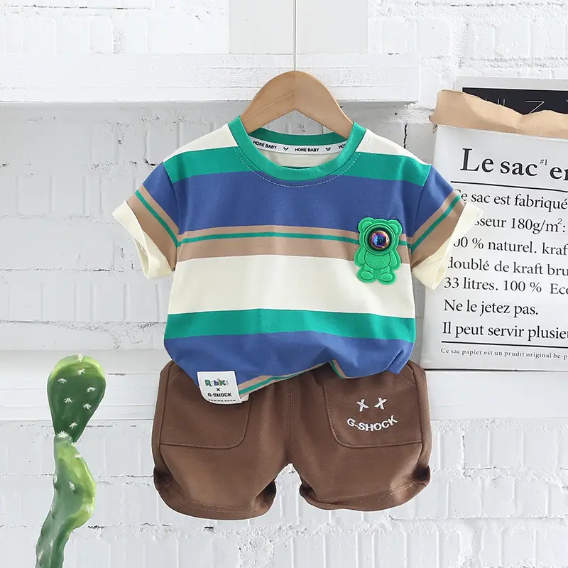 Children Cotton Striped T-Shirt Shorts Set Summer Boys - Image 4