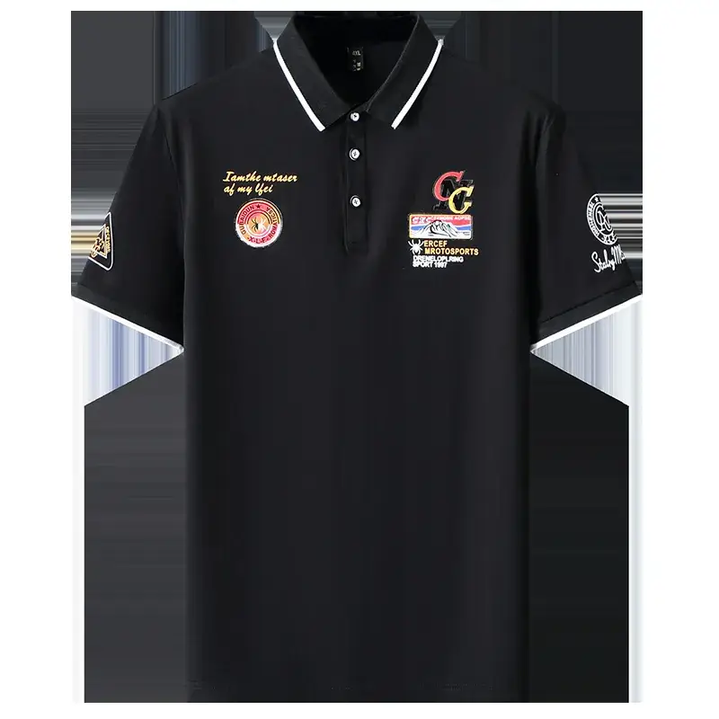 Black Printed Polo Shirt with Embroidered Design - Image 8