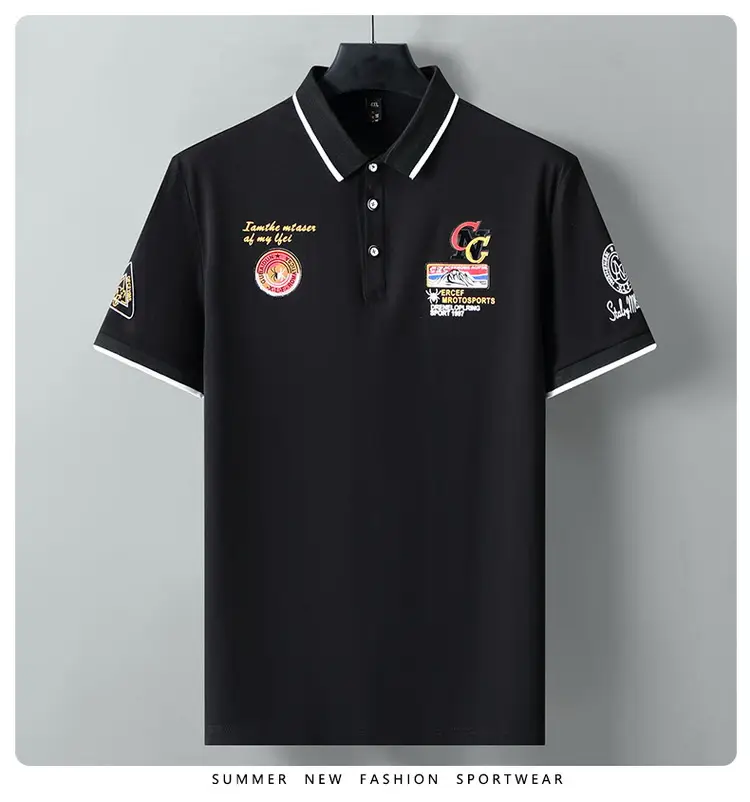 Black Printed Polo Shirt with Embroidered Design — feature 2