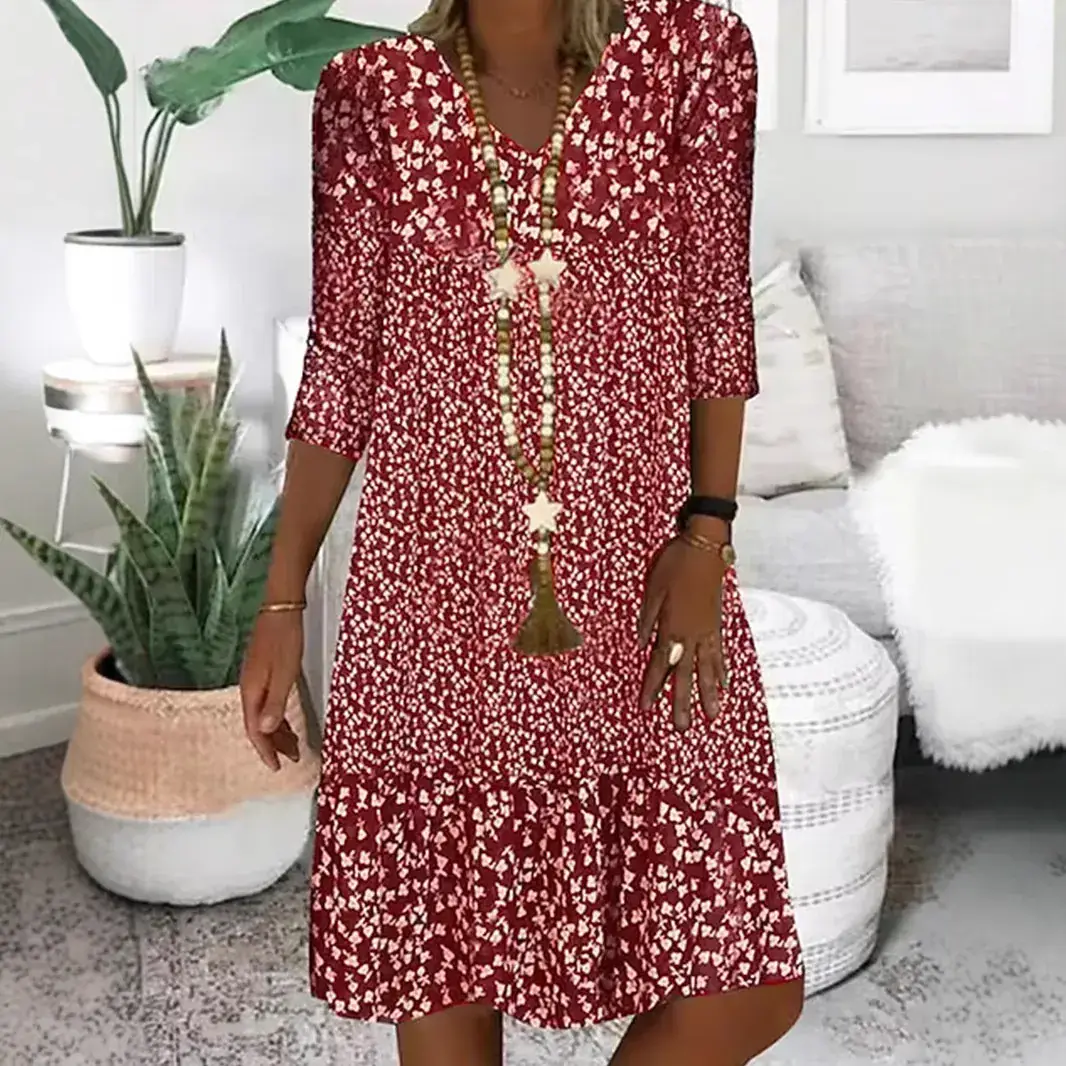 Printed V Neck Mid Sleeve Dress for Women 2025 - Image 9