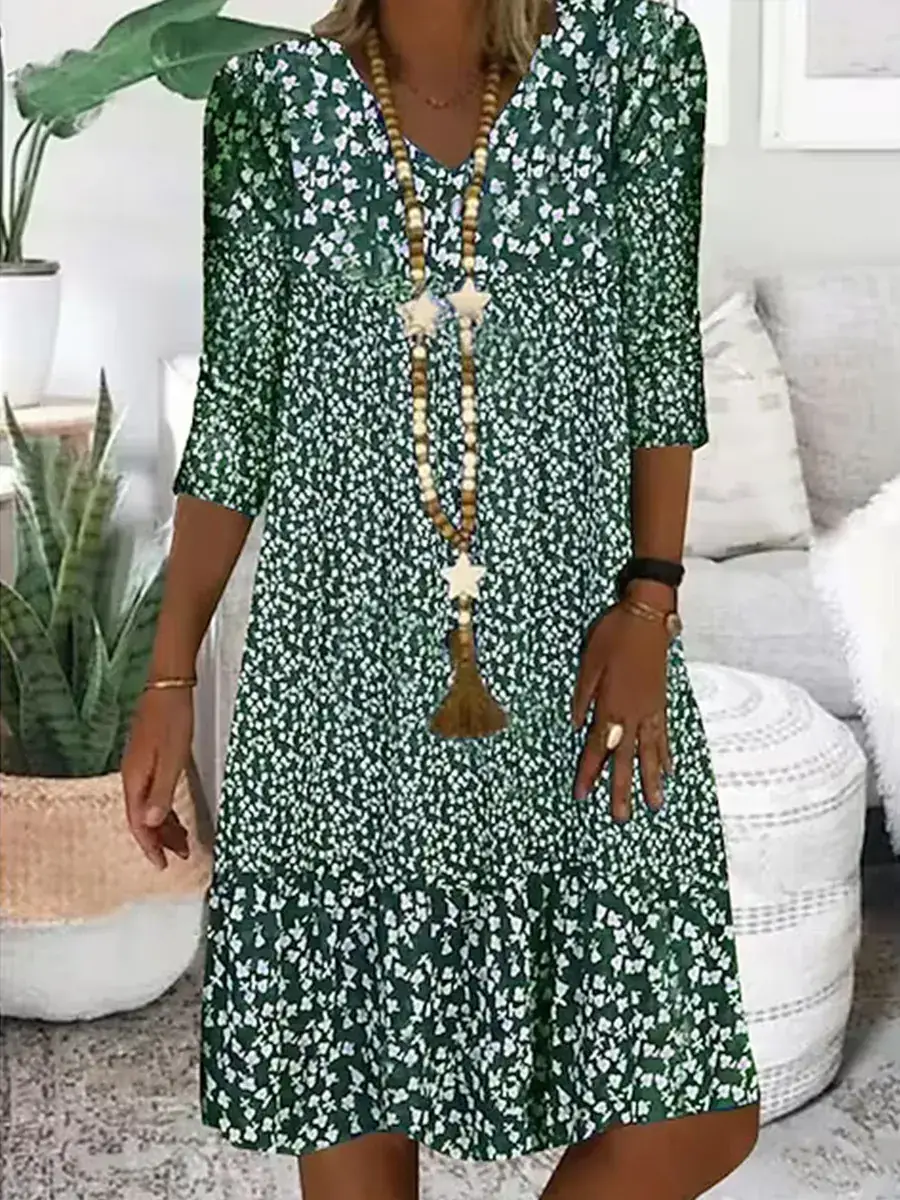 Printed V Neck Mid Sleeve Dress for Women 2025 - Image 2