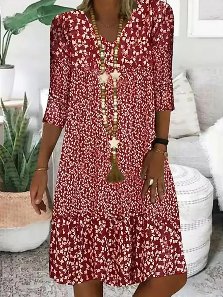 Printed V Neck Mid Sleeve Dress for Women 2025 - Image 3
