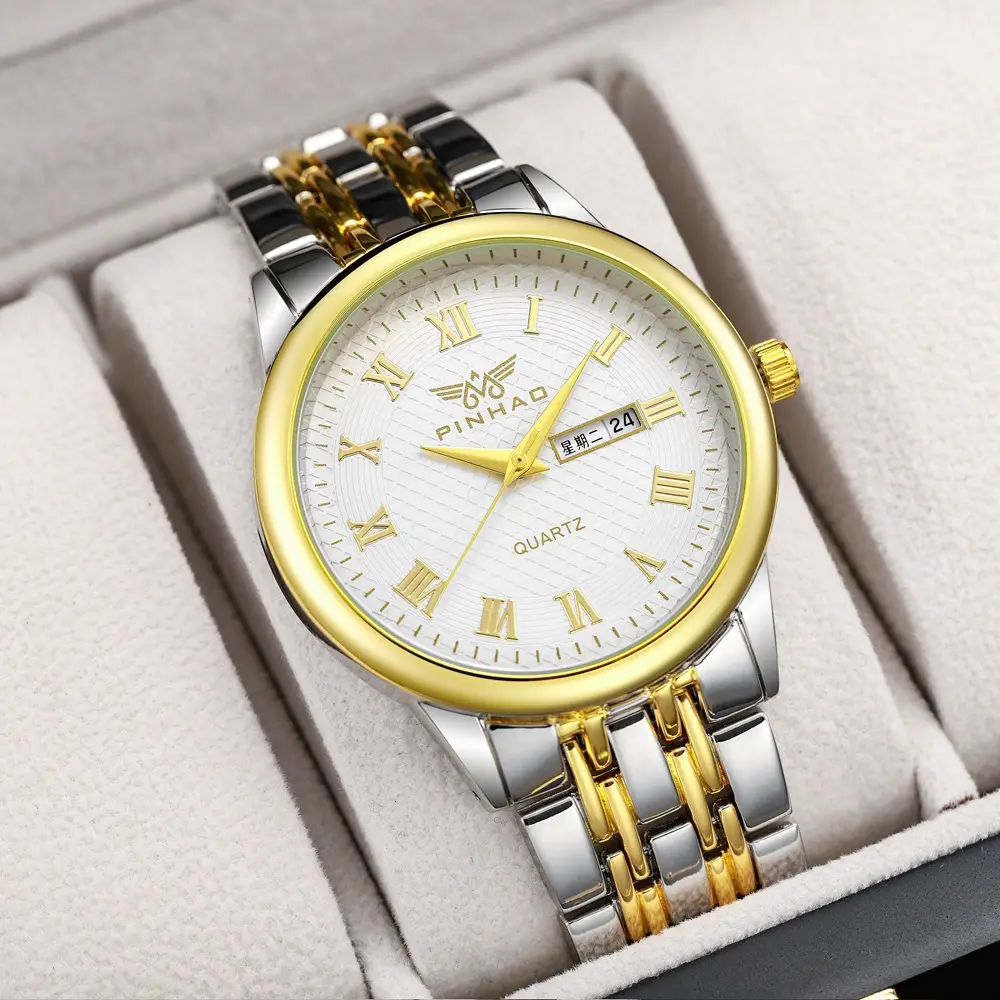 Men's Waterproof Roman Scale Quartz Watch Gold Silver Band - Image 2
