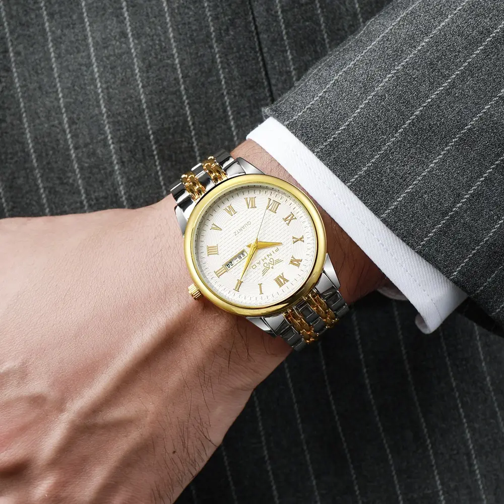 Men's Waterproof Roman Scale Quartz Watch Gold Silver Band — feature 12