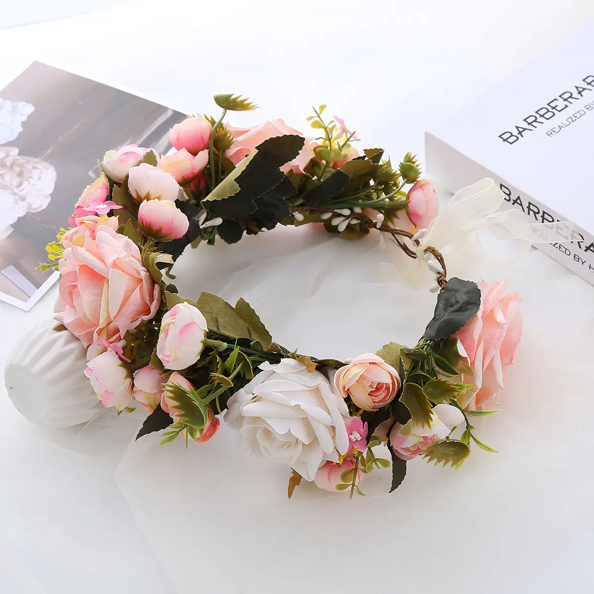Pink Rose Wreath Headdress for Bridal Hairband - Image 5