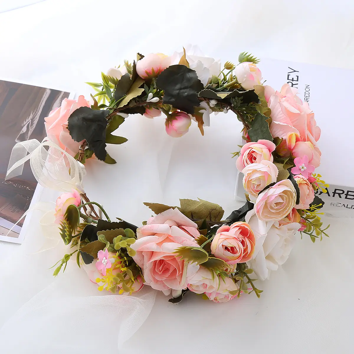 Pink Rose Wreath Headdress for Bridal Hairband - Image 6