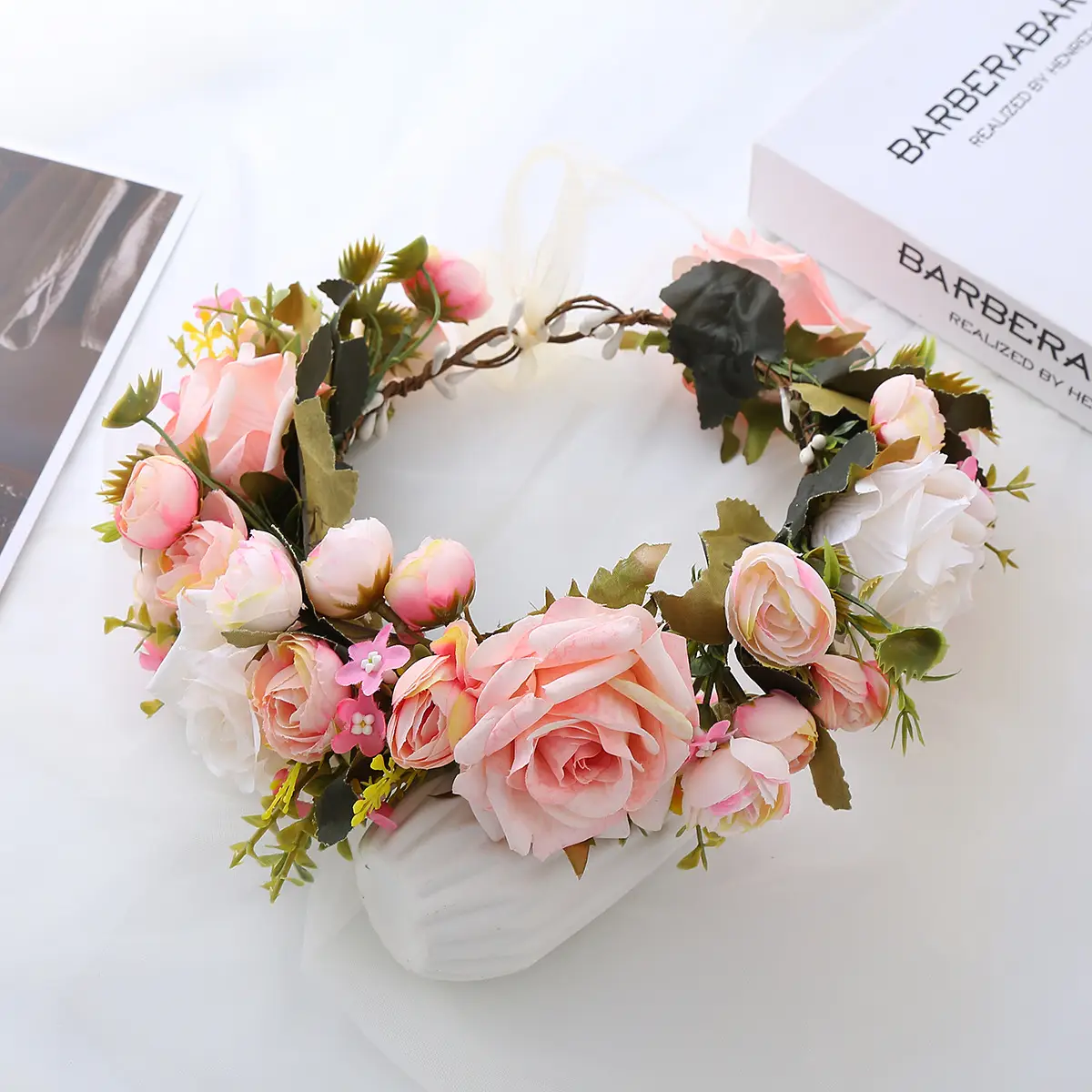 Pink Rose Wreath Headdress for Bridal Hairband — feature 7