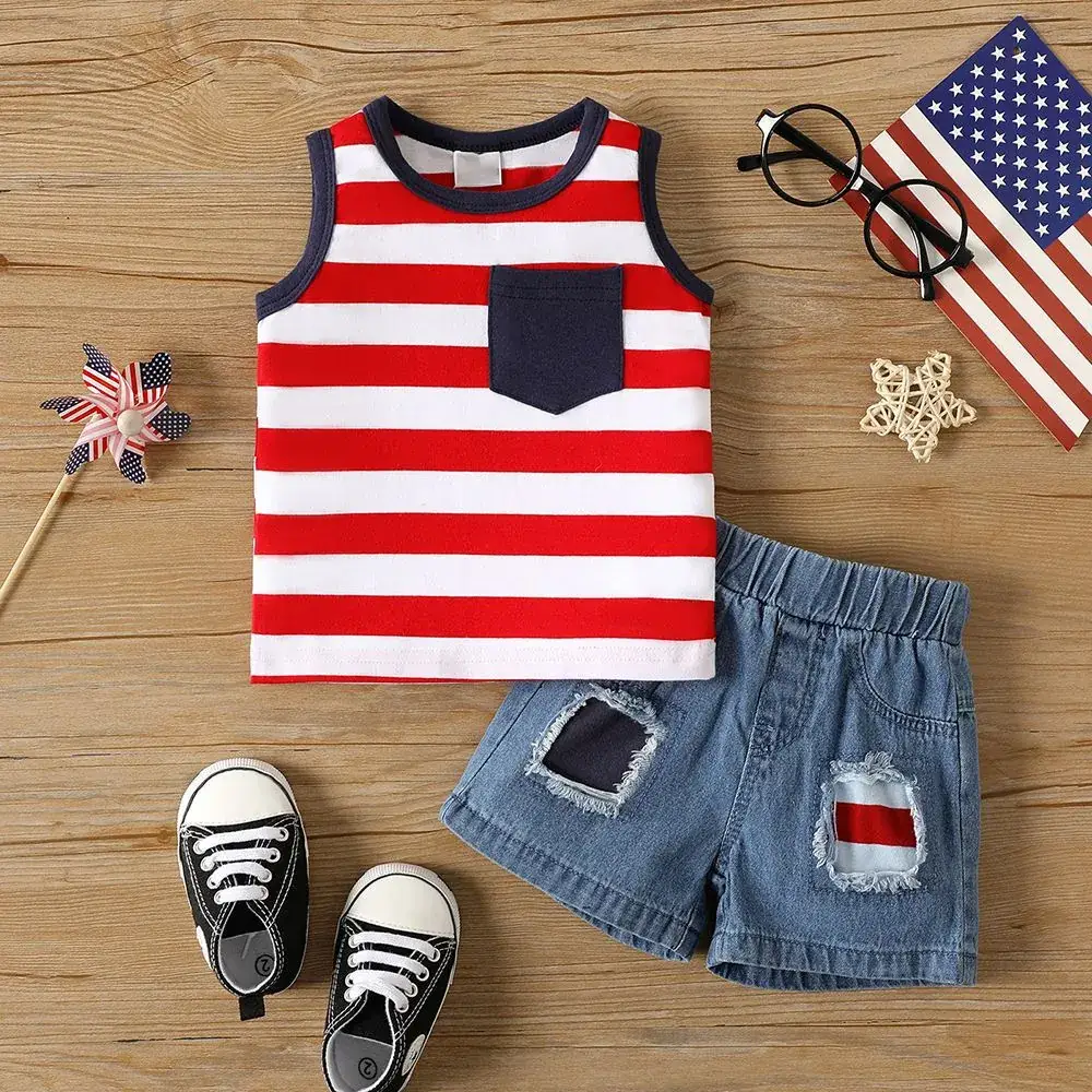 Blue Denim Shorts Set for Boys Summer Sleeveless Top