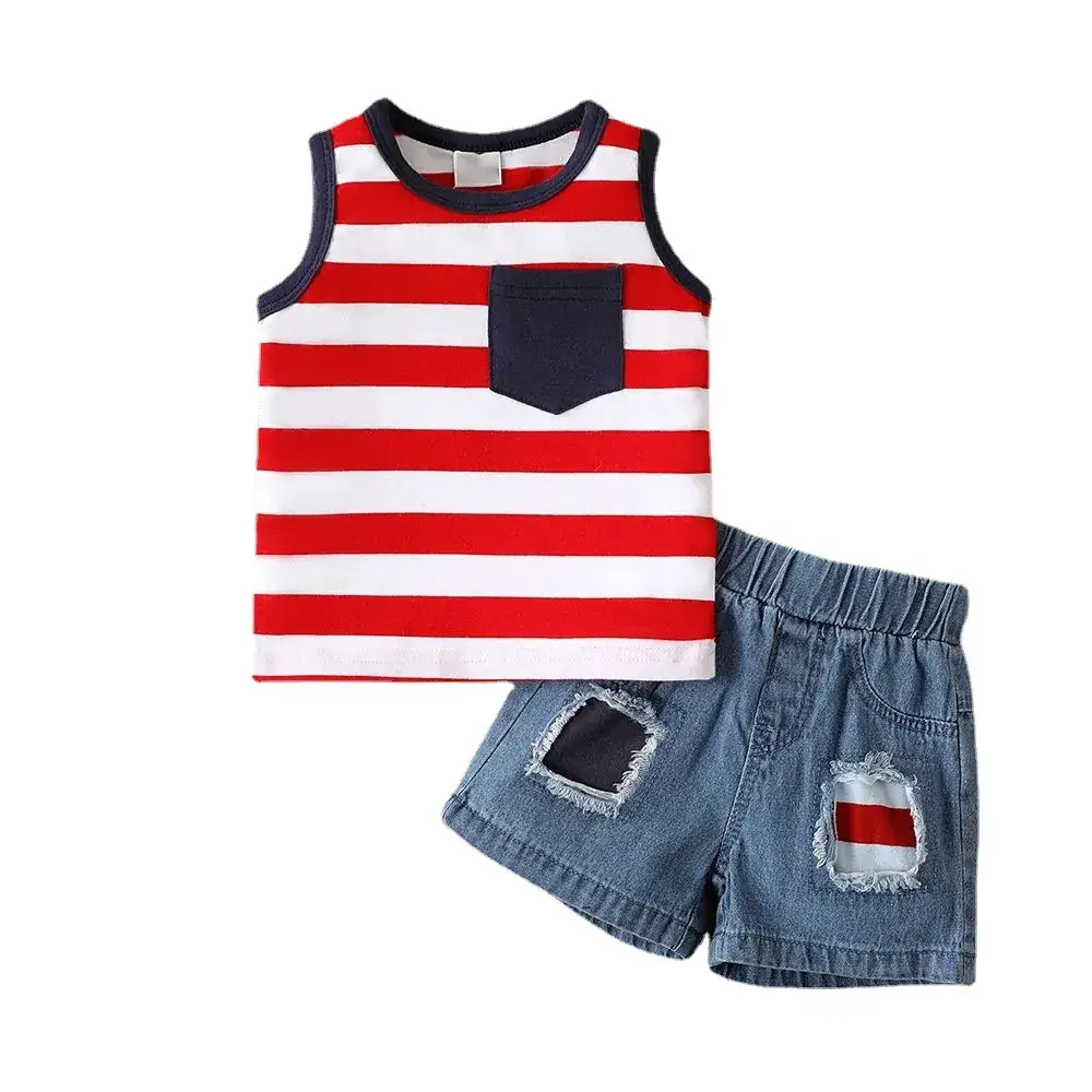 Blue Denim Shorts Set for Boys Summer Sleeveless Top - Image 5