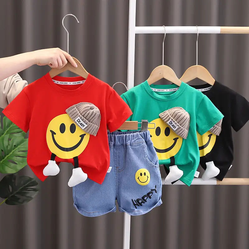Boy Red T-Shirt Blue Denim Shorts Set Summer - Image 4
