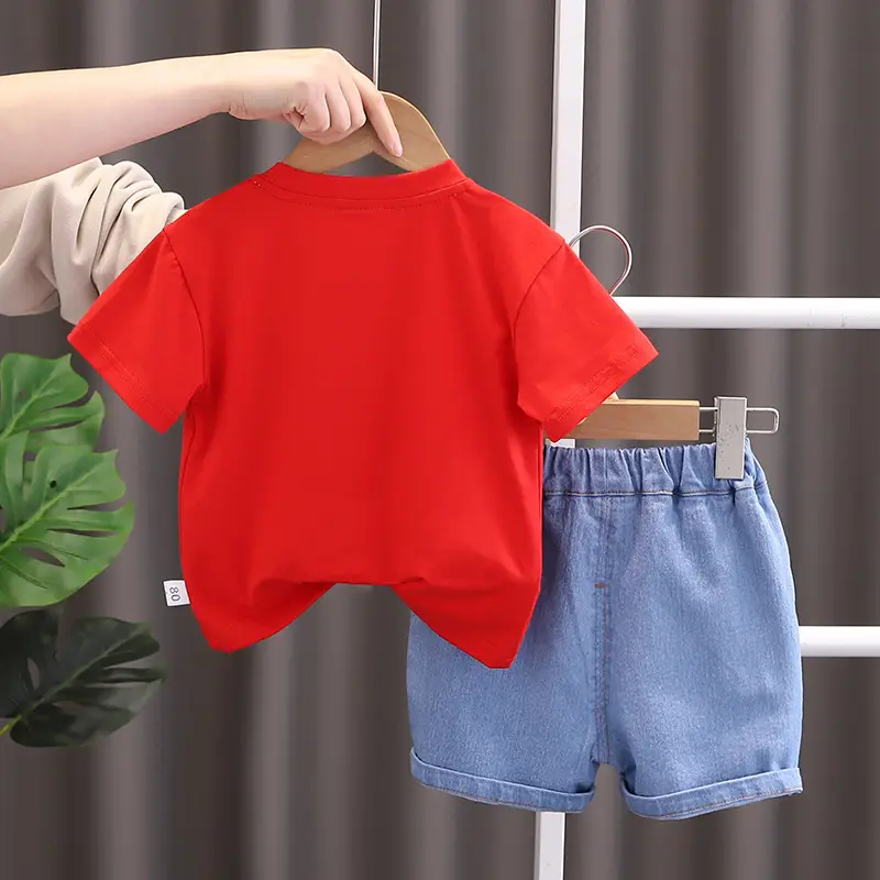 Boy Red T-Shirt Blue Denim Shorts Set Summer - Image 6