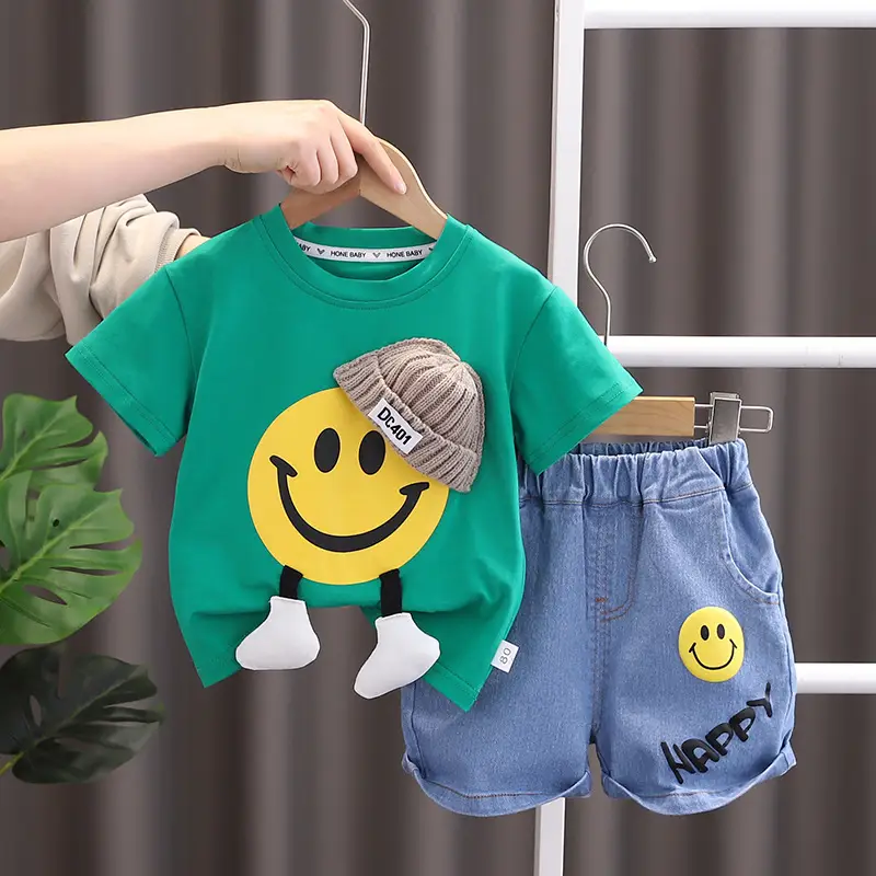 Boy Red T-Shirt Blue Denim Shorts Set Summer - Image 2