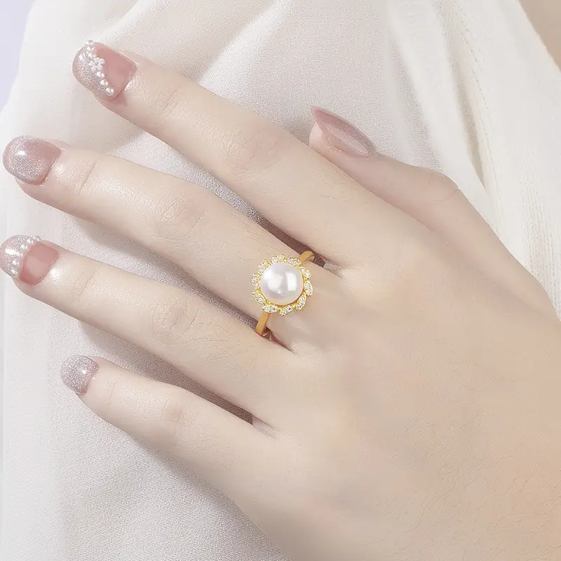 Adjustable Pearl Flower Rings Gold Silver Adjustable - Image 2