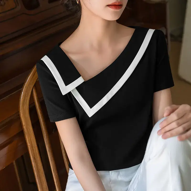 Women Black V-Neck Cotton T-Shirt Summer 2025 - Image 4