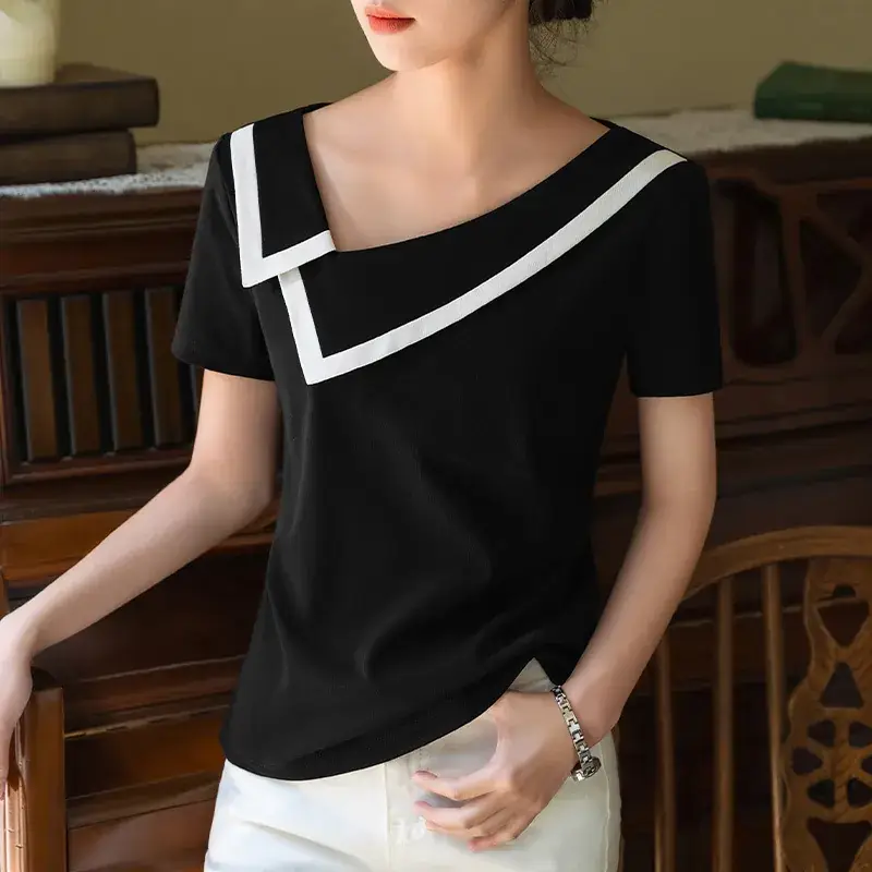 Women Black V-Neck Cotton T-Shirt Summer 2025 - Image 5