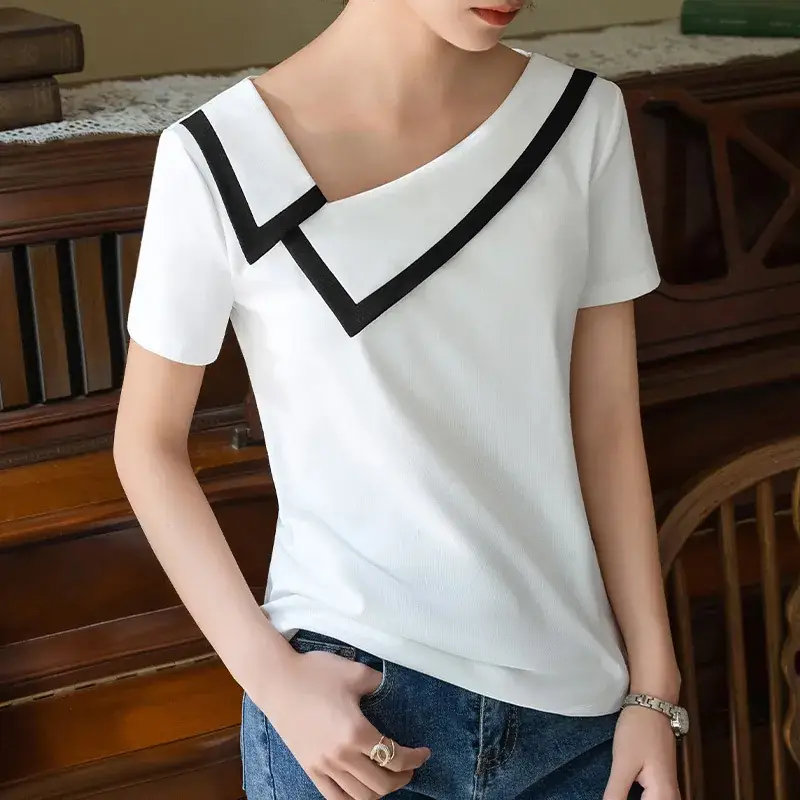 Women Black V-Neck Cotton T-Shirt Summer 2025 - Image 6
