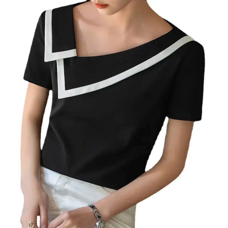 Women Black V-Neck Cotton T-Shirt Summer 2025 - Image 7