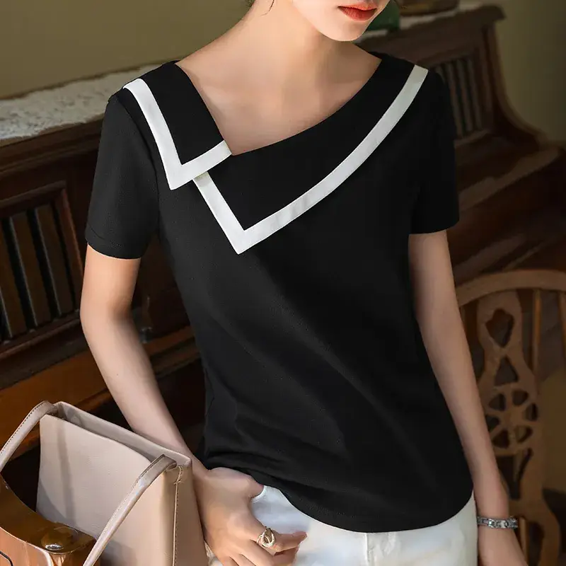 Women Black V-Neck Cotton T-Shirt Summer 2025 - Image 2