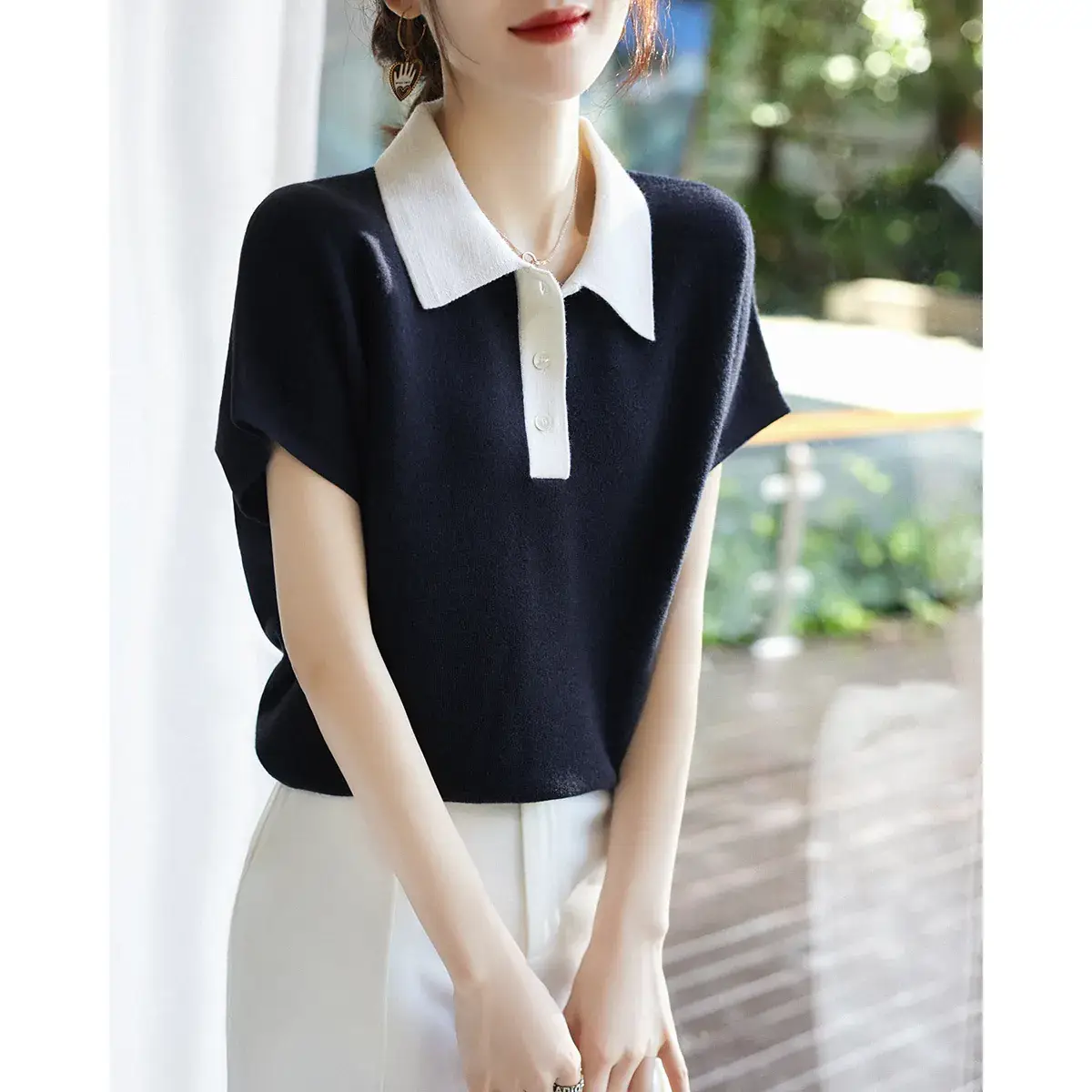 Women Korean Lapel Top Black White Short Sleeve 2023 - Image 2