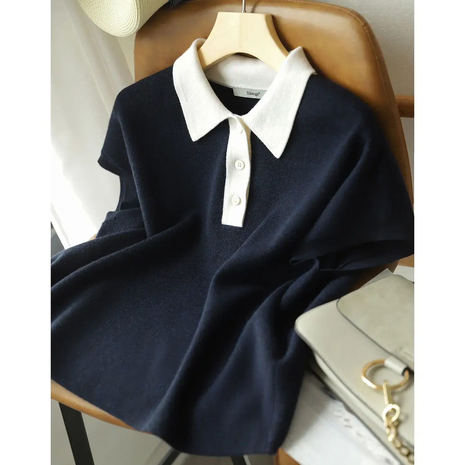 Women Korean Lapel Top Black White Short Sleeve 2023 - Image 3