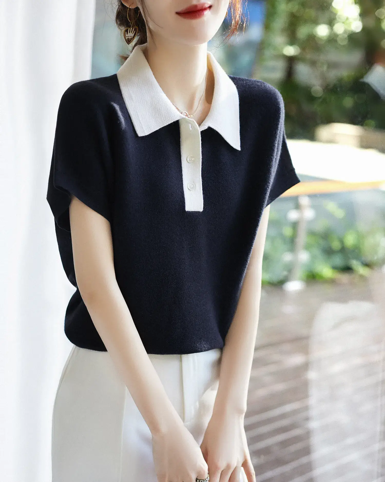 Women Korean Lapel Top Black White Short Sleeve 2023 — feature 1