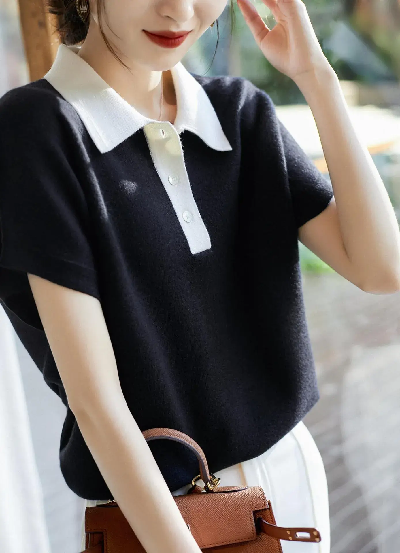Women Korean Lapel Top Black White Short Sleeve 2023 — feature 2