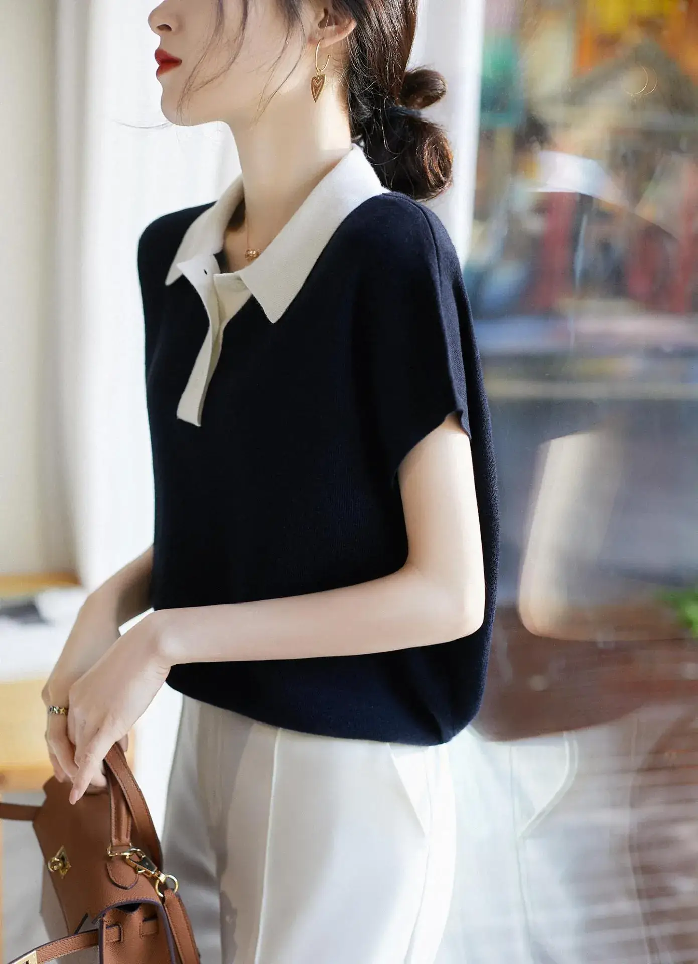 Women Korean Lapel Top Black White Short Sleeve 2023 — feature 3