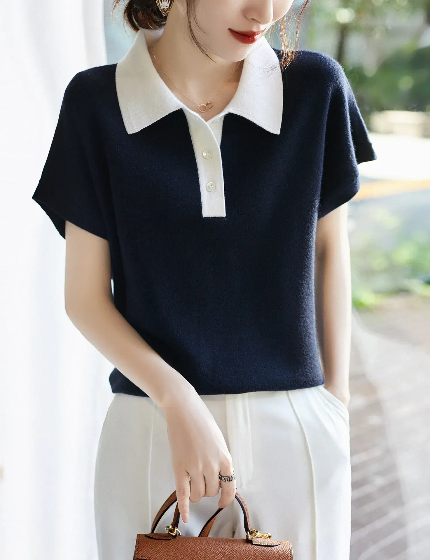 Women Korean Lapel Top Black White Short Sleeve 2023 — feature 4