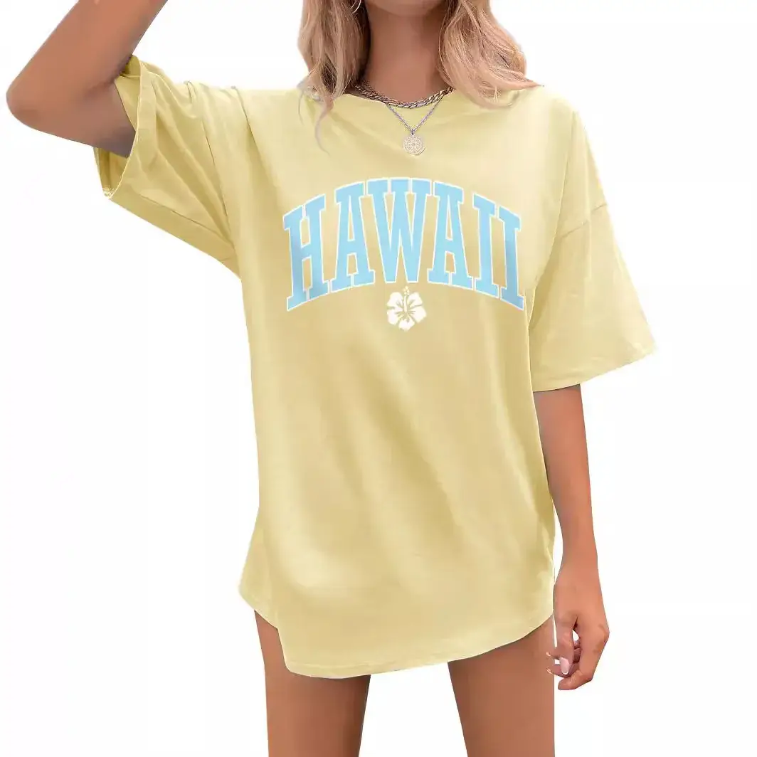 Hawaii Women's Loose Letter Print T-Shirt Brown