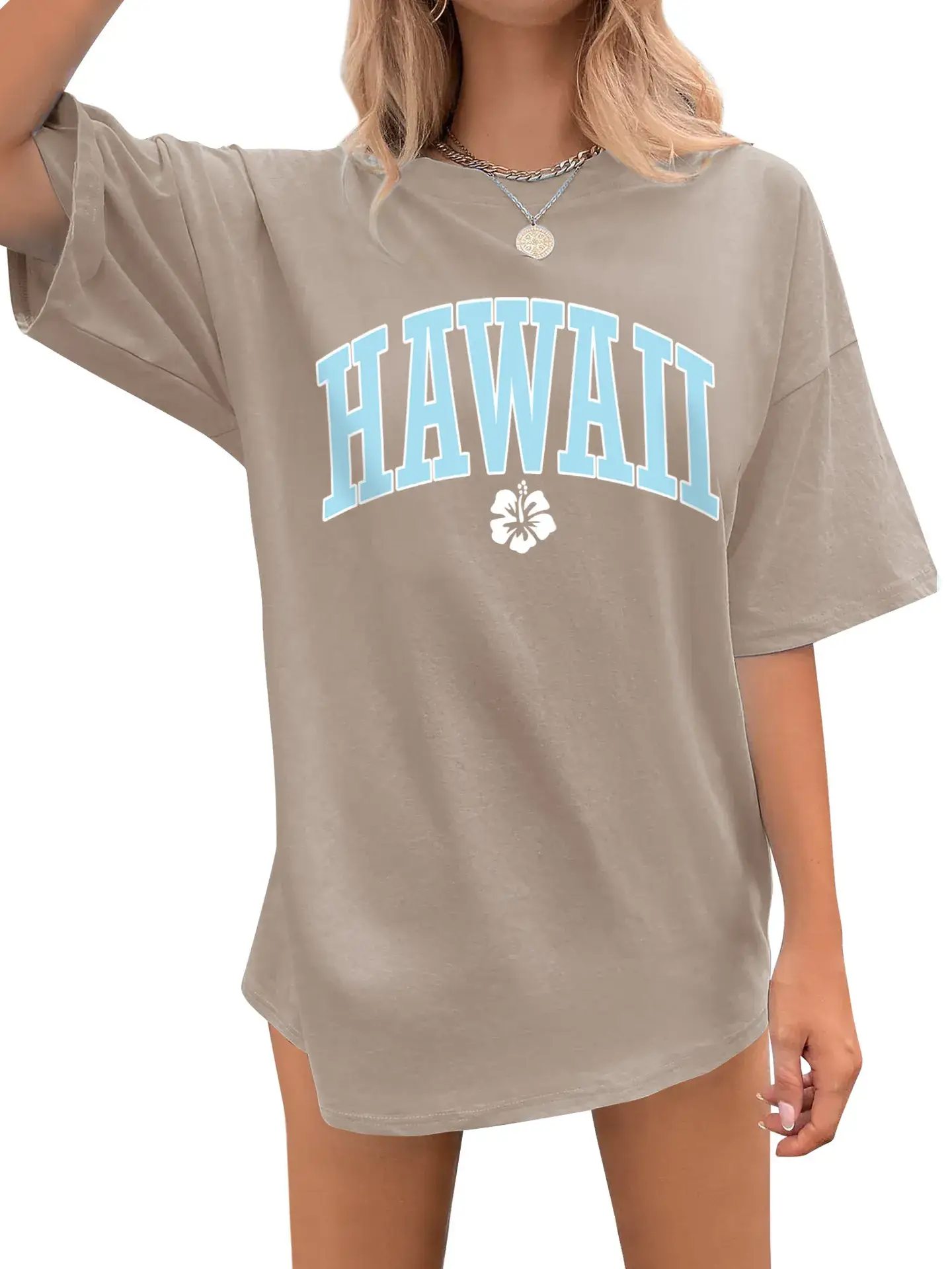 Hawaii Women's Loose Letter Print T-Shirt Brown