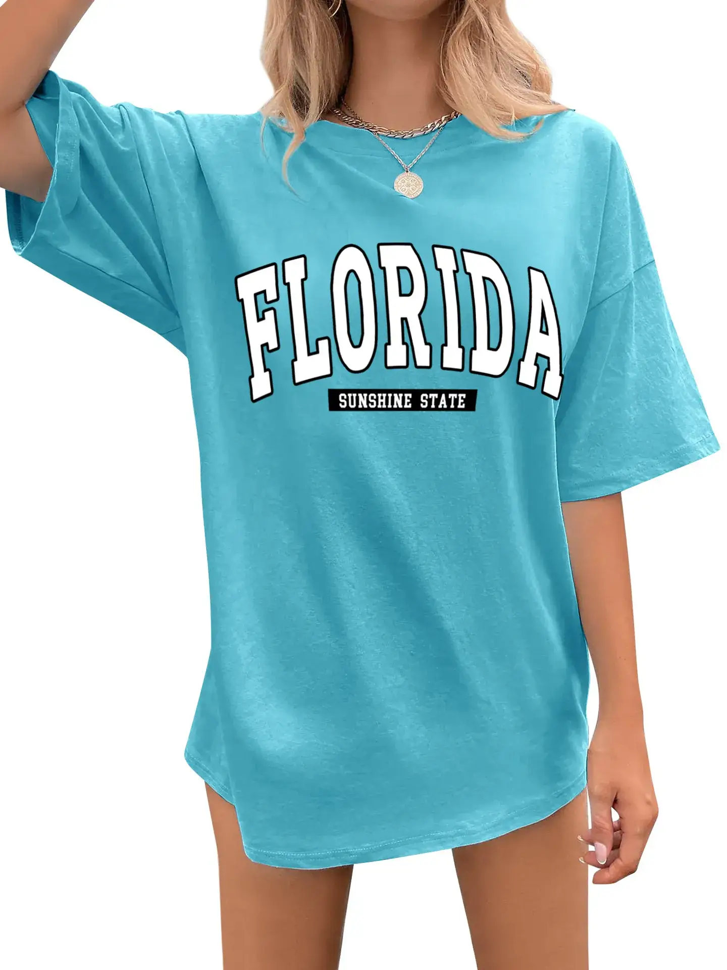 Florida Print Drop Shoulder T-Shirt Women Blue - Image 2