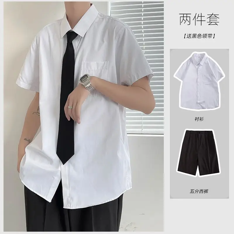 Men White Shirt with Black Tie & Shorts Set - Image 9