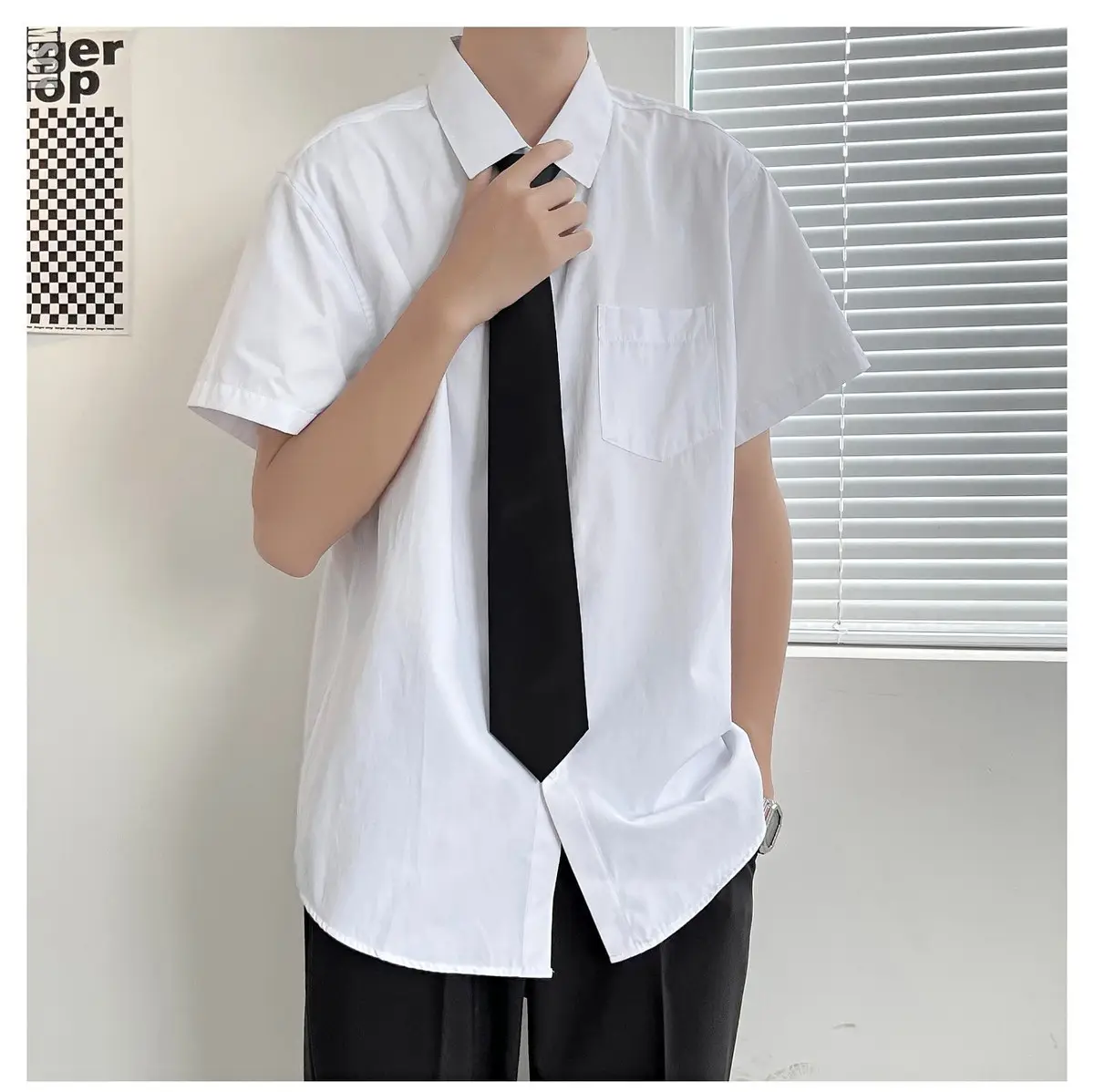Men White Shirt with Black Tie & Shorts Set — feature 1