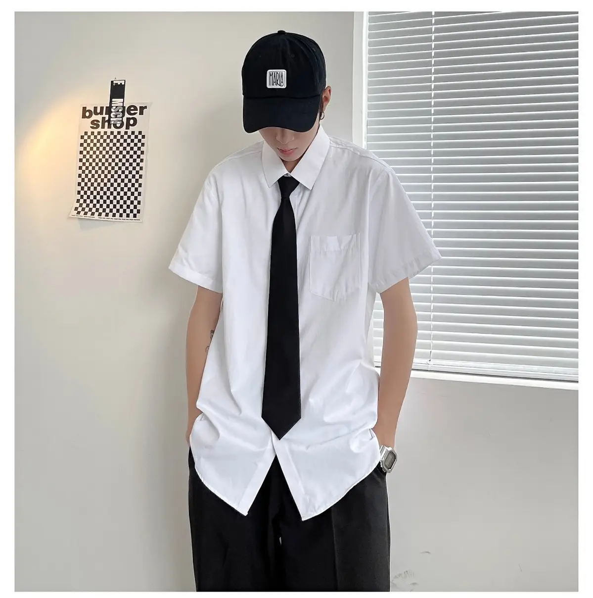 Men White Shirt with Black Tie & Shorts Set — feature 2