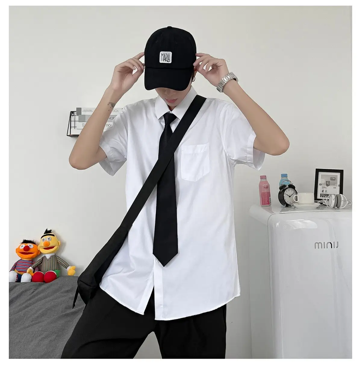 Men White Shirt with Black Tie & Shorts Set — feature 4