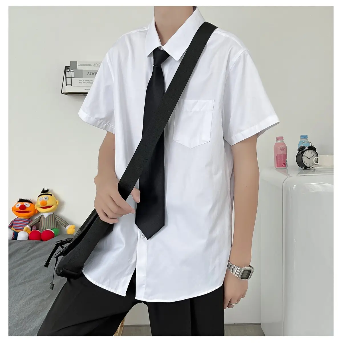 Men White Shirt with Black Tie & Shorts Set — feature 5