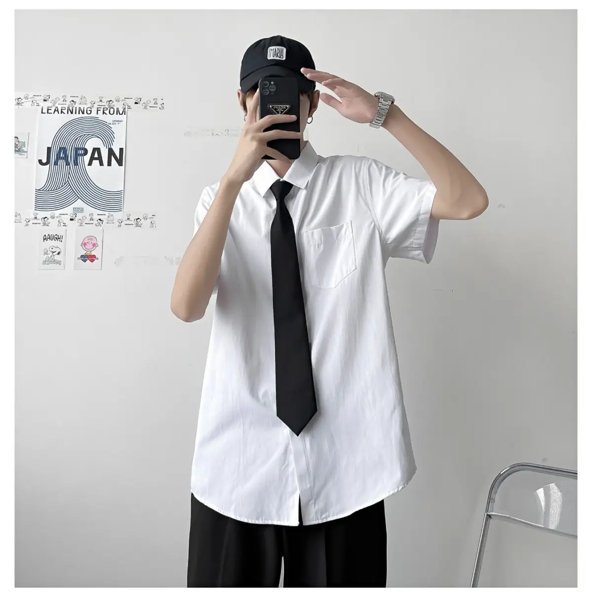 Men White Shirt with Black Tie & Shorts Set — feature 6