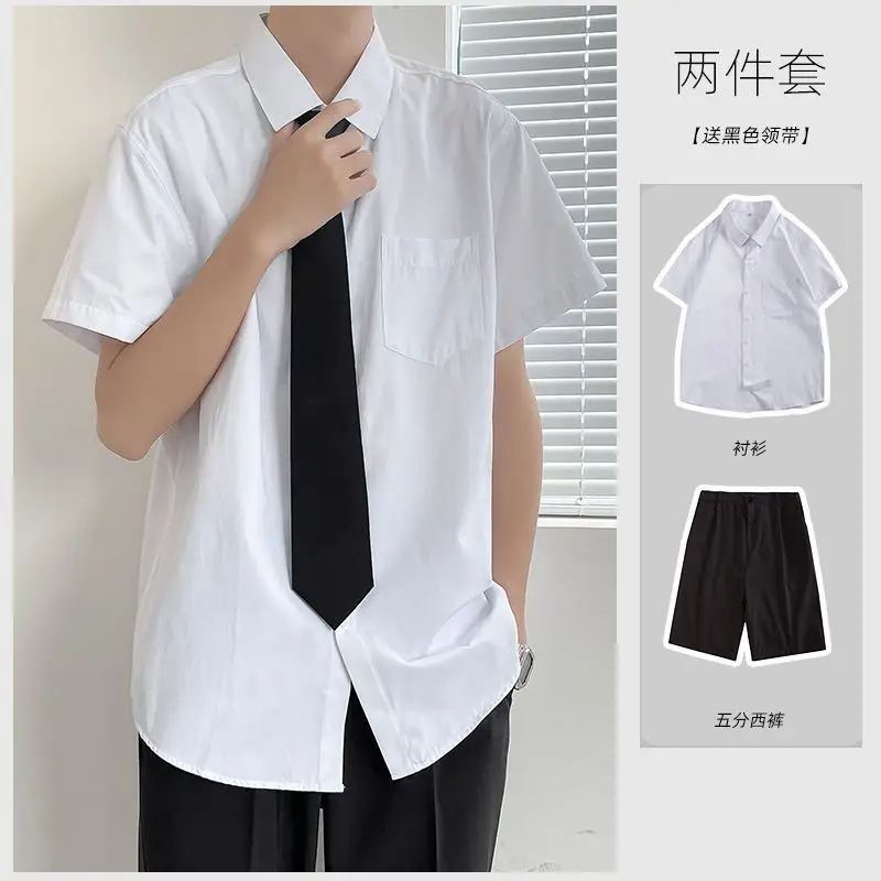 Men White Shirt with Black Tie & Shorts Set - Image 2