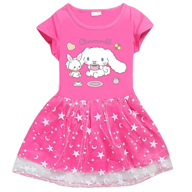 Pink Starry Mesh Girl's Dress Half Sleeve Summer - Image 4