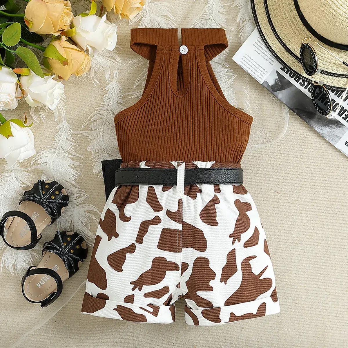 Girls Cow Print Sleeveless Vest Set Brown White - Image 4