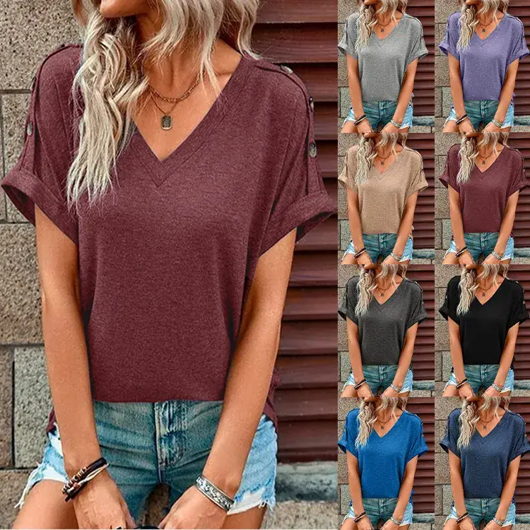 2023 Women Black V-Neck T-Shirt Short Sleeve - Image 9